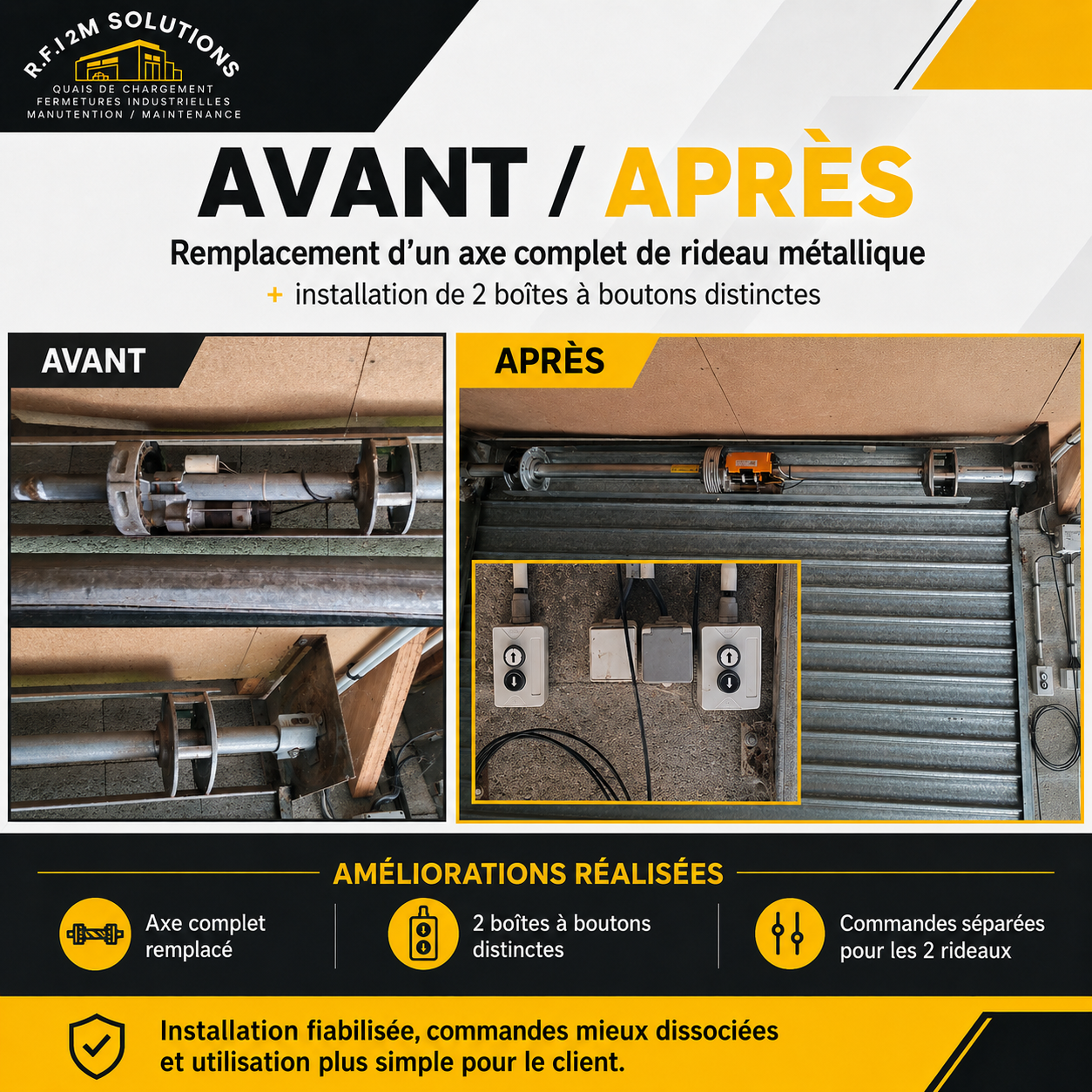 Avant et après la réparation de rideaux métalliques dans un atelier à Boos.